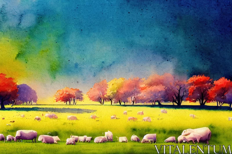 Colorful Sheep in Dreamy Watercolor Field | Artistic Painting AI Image
