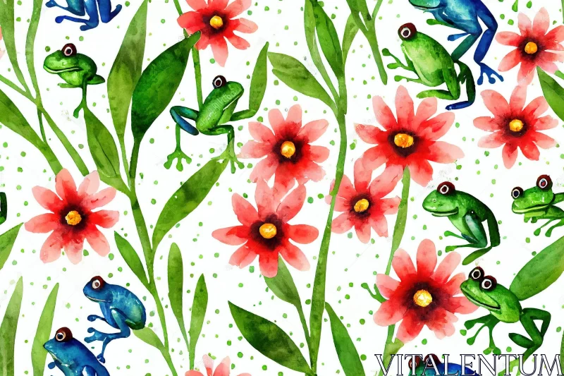 Colorful Watercolor Frogs and Flowers - Seamless Pattern AI Image