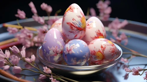 Easter Eggs in Silver Bowl - 3D Floral Decor Stock Photo