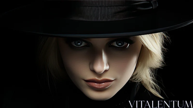 Enigmatic Young Woman Portrait in Black Hat AI Image