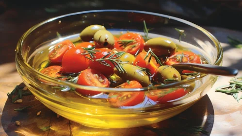 Fresh Cherry Tomatoes and Olives in Glass Bowl