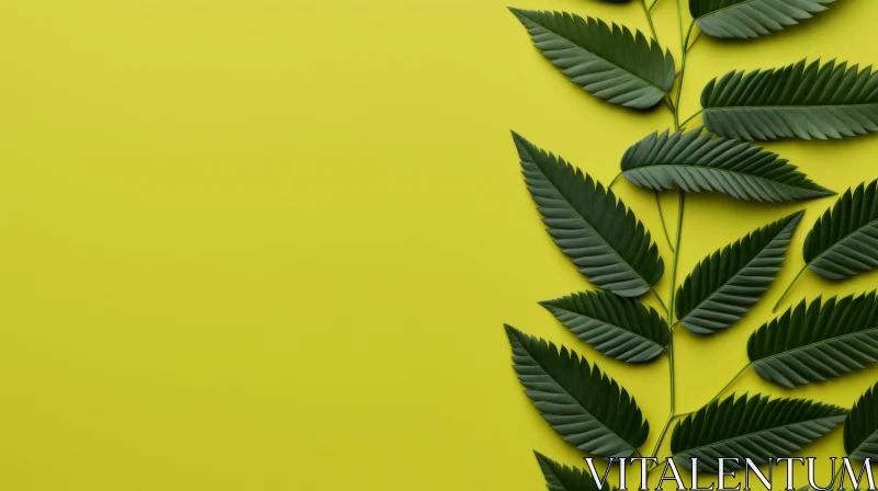 Green Leaves Branch on Yellow Background AI Image