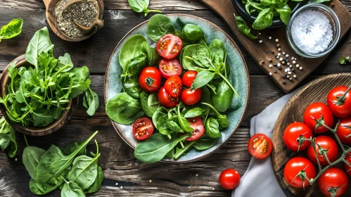 Rustic Wooden Table Salad with Tomatoes and Basil
