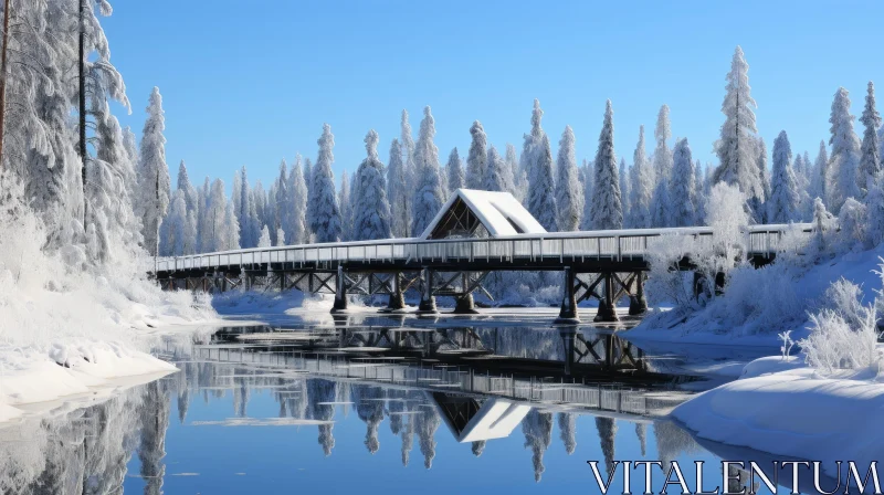 Serene Winter Landscape with Wooden Bridge and Snow-Covered Trees AI Image