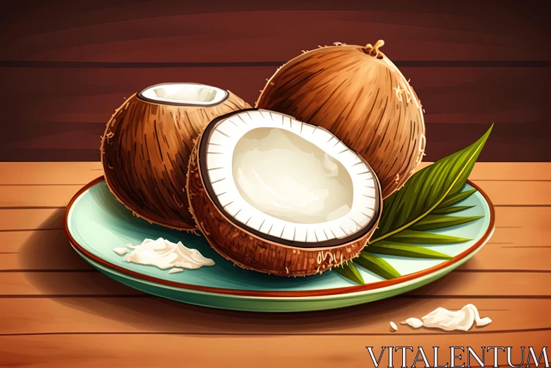 Vibrant Coconut Illustration on Wooden Background | Detailed Nature Scene AI Image