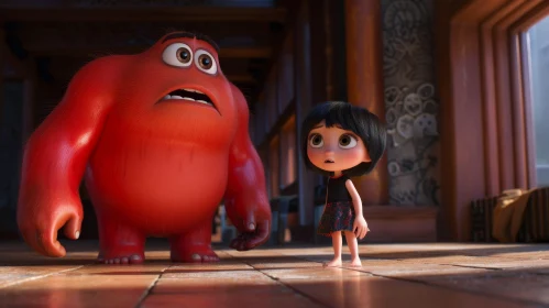 Animated Movie Scene: Red Monster and Human Girl Encounter