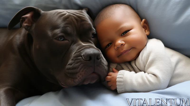 Baby and Pit Bull Dog Heartwarming Moment on Bed AI Image