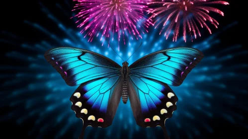 Blue Butterfly with Fireworks Background
