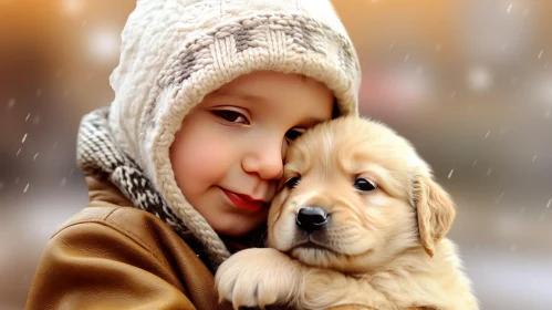 Boy and Golden Retriever Puppy in Snowfall