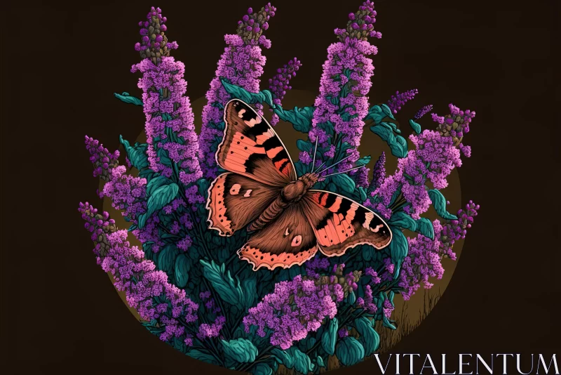 Butterfly on Purple Flowers: Hyper-Detailed Illustration with Chiaroscuro AI Image