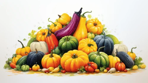 Colorful Pumpkins and Vegetables Pile Photo