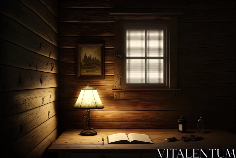 Cozy Cabin Interior with Lamp and Wooden Table | Nostalgic Illustrations AI Image