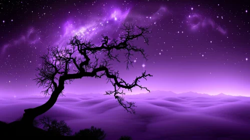 Enchanting Purple Night Landscape with Tree and Moon