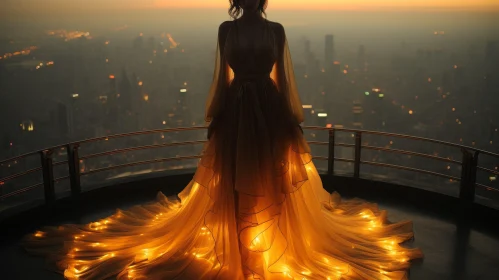 Golden Dress Woman on Rooftop at Night