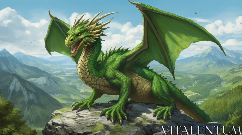 Green Dragon in Mountainous Landscape AI Image