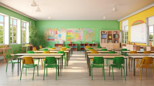 Green-Walled Classroom with Student Desks and Chalkboard