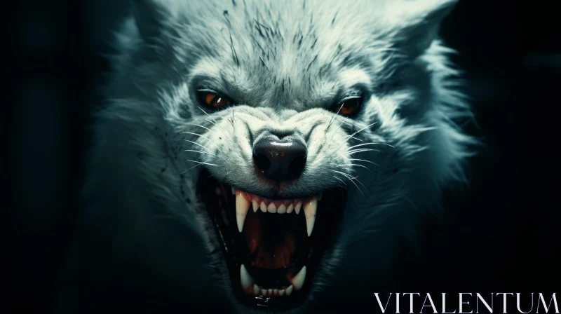 Intense White Wolf Snarling in the Dark Forest AI Image