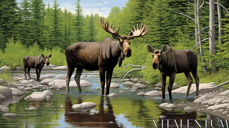 Majestic Moose Trio in River Forest Scene AI Image