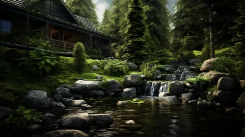 Tranquil Forest House with River and Waterfall