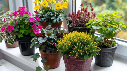 Tranquil Potted Plants on Wooden Windowsill