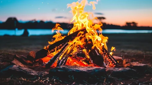 Bonfire at Lakeshore: Tranquil Dusk Scene