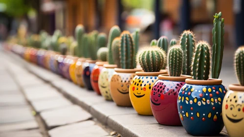 Colorful Ceramic Pots with Cacti - Outdoor Display