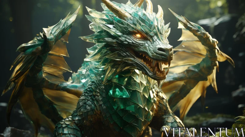 Enchanting Green and Gold Dragon in a Dark Forest AI Image