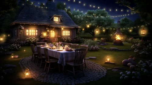 Enchanting Night Scene in a Backyard with a Wooden Cottage and Garden