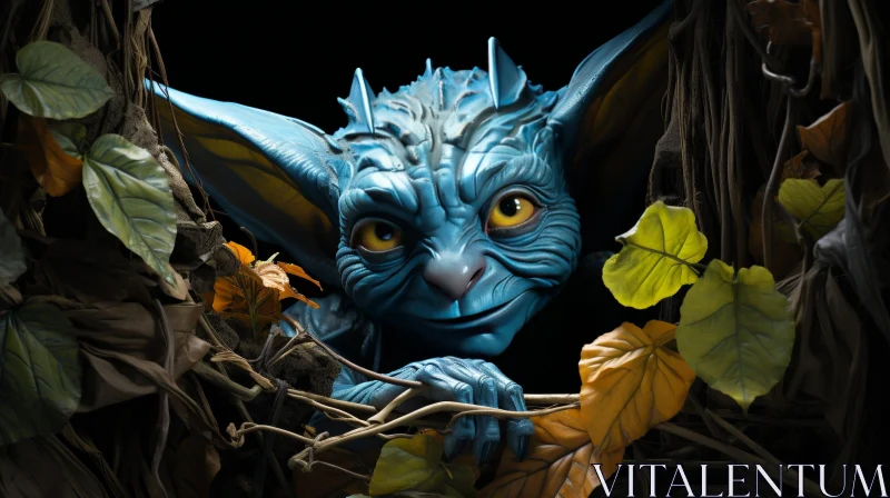 Enigmatic Blue-Skinned Goblin in a Tree AI Image