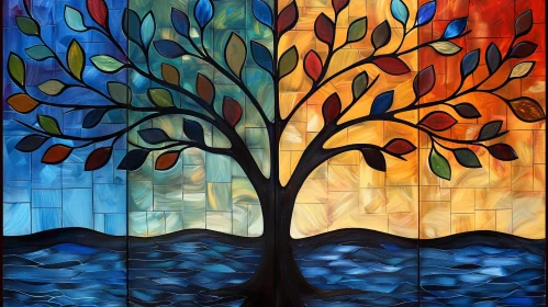 Four Seasons Tree Painting - Nature's Colorful Symphony