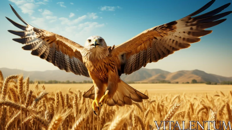 Majestic Hawk in Flight Over Wheat Field AI Image