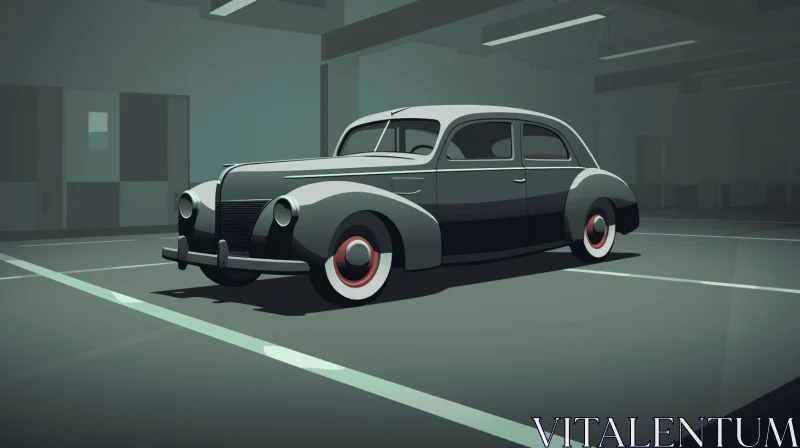 Retro Black and White Car Parked Inside Garage - Detailed Character Design AI Image
