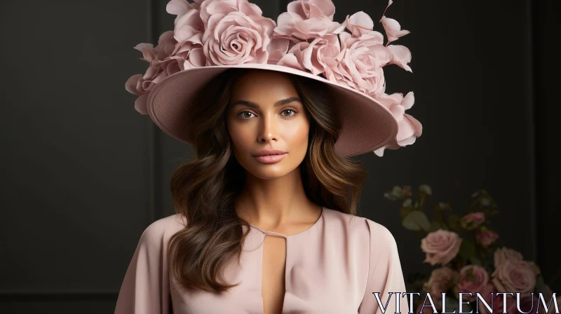 Serious Woman in Pink Hat with Flowers - Studio Portrait AI Image