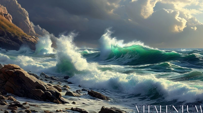 Stormy Sea Painting | Powerful Waves and Rocky Shore AI Image