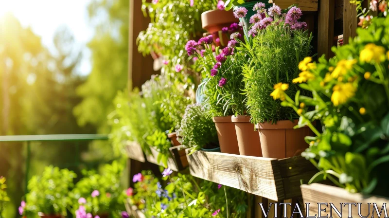 Sunlit Wooden Shelf with Lush Plants and Flowers AI Image