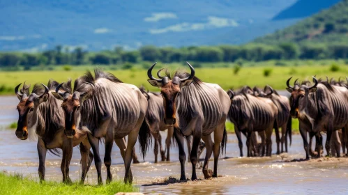 Wildebeest Herd Crossing River