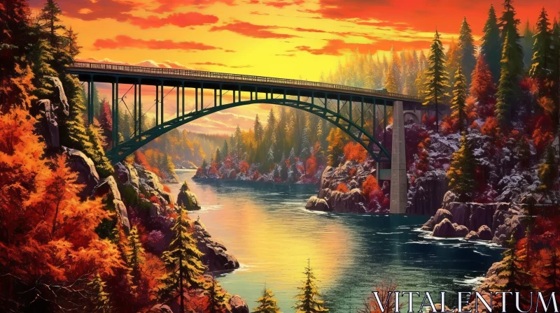 AI ART Bridge Over River in Fall Mountains