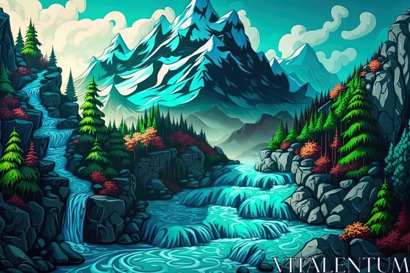 Captivating Fantasy Landscape Drawing with Mountain and Waterfall AI Image