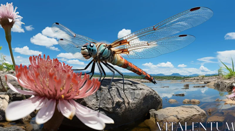 AI ART Dragonfly on Rock by River - Nature Scene