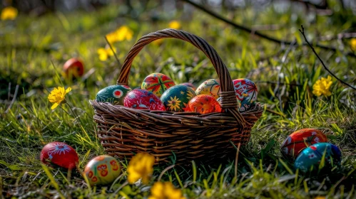 Easter Eggs Basket on Green Grass with Yellow Flowers