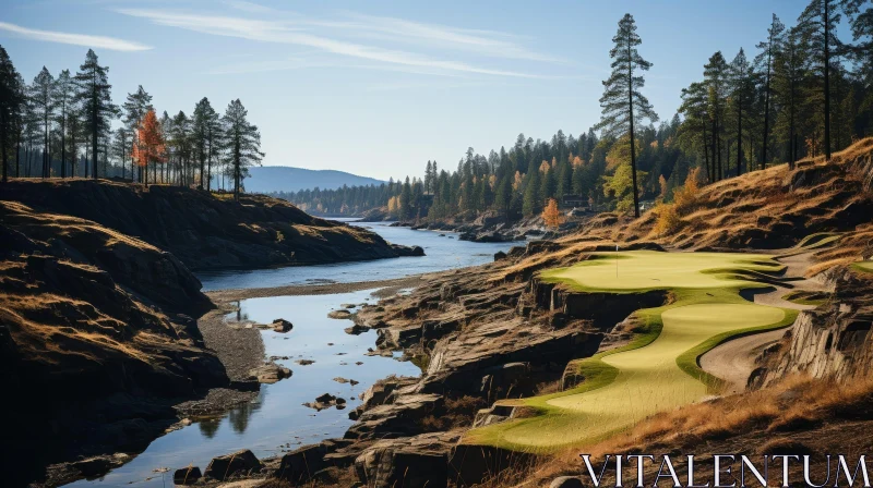 Tranquil Golf Course Landscape by River and Cliff AI Image