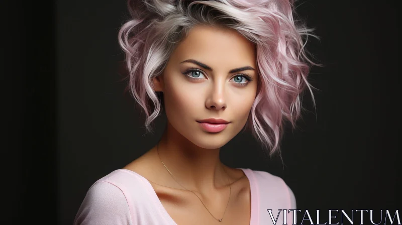 Young Woman Portrait with Pink Hair and Blue Eyes AI Image