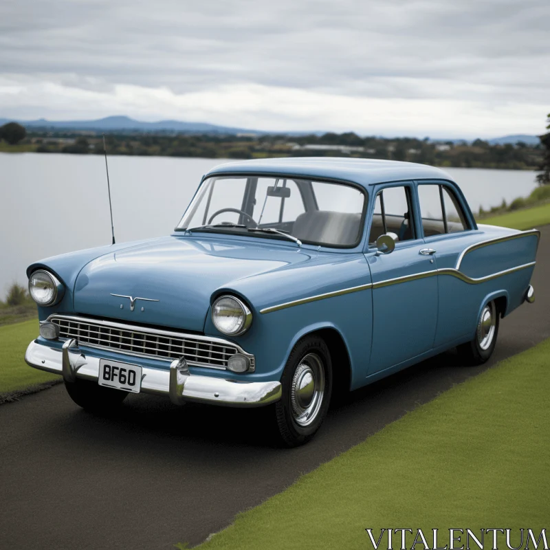 Classic Elegance: A Serene Blue Car Parked on Green Grass AI Image
