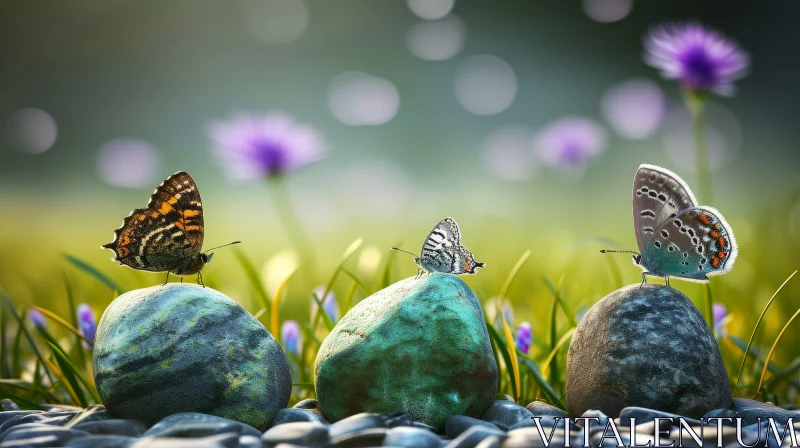 Colorful Butterflies on Rock in Flower Field AI Image
