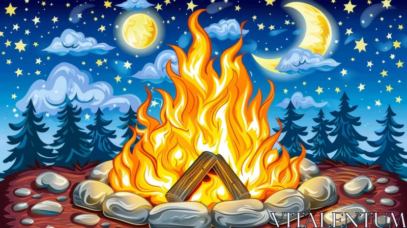 Enchanting Campfire Night Digital Painting AI Image