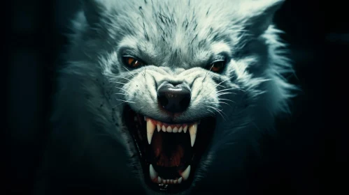 Intense White Wolf Snarling in the Dark Forest