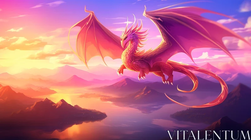 Pink Dragon Flying Over Mountain Range at Sunset AI Image