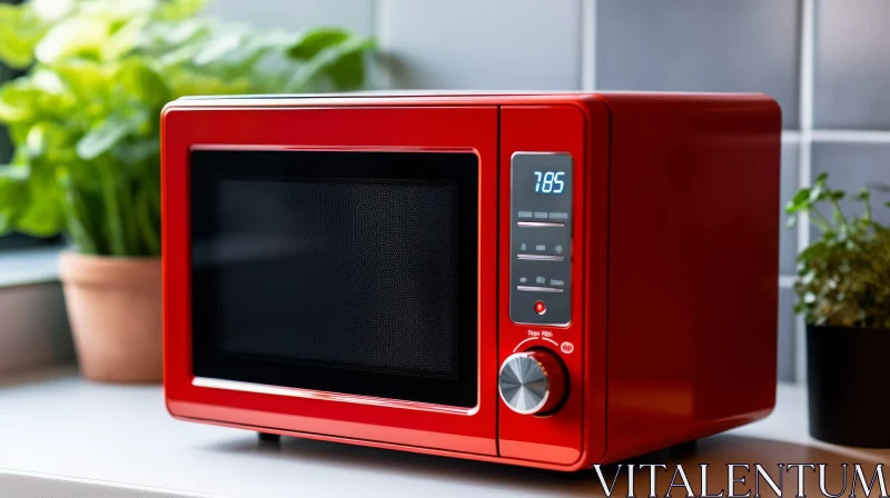 Red Microwave Oven on White Kitchen Counter AI Image