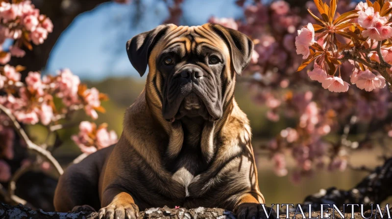 AI ART Serious Brown Dog with Muscular Build by Pink Flower Tree