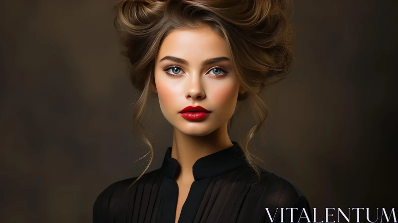 Serious Young Woman Portrait with Flawless Makeup AI Image